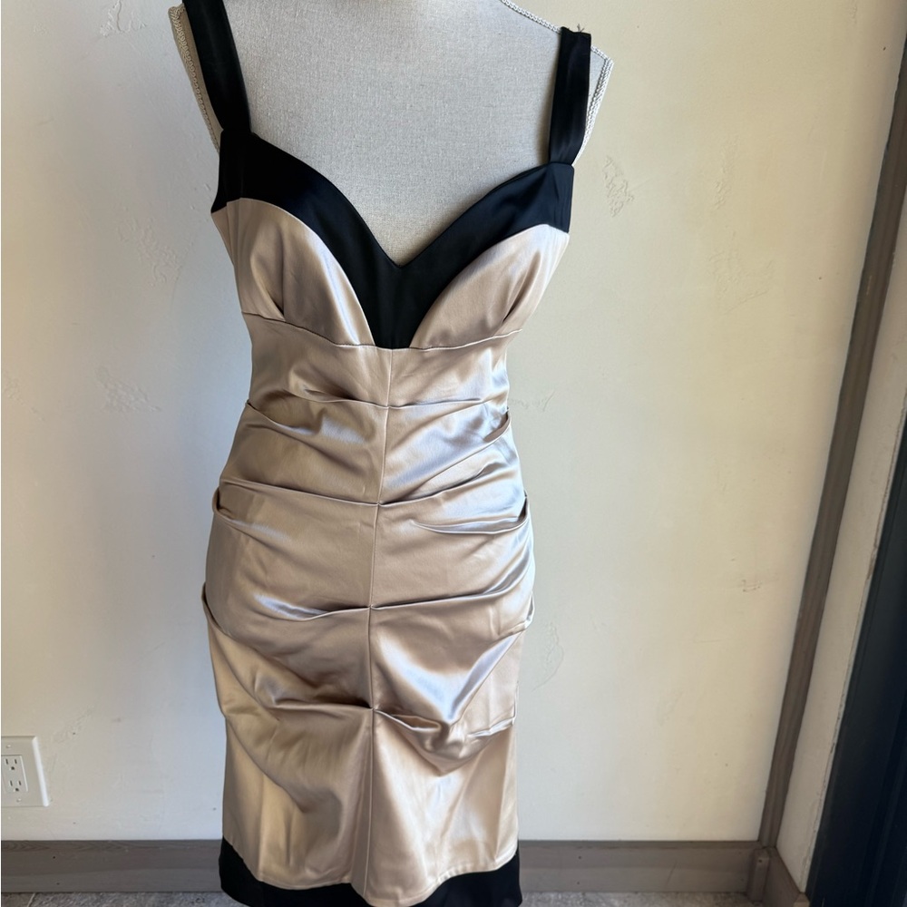 Two-Tone Satin Midi Dress with V-Neck in Champagne and Black.  Nicole Miller.